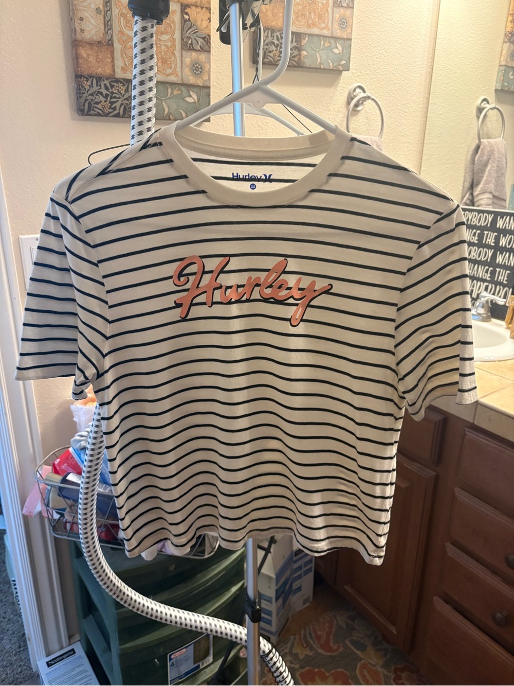 Hurley Cream and Black Striped Logo Tee with Pink Script